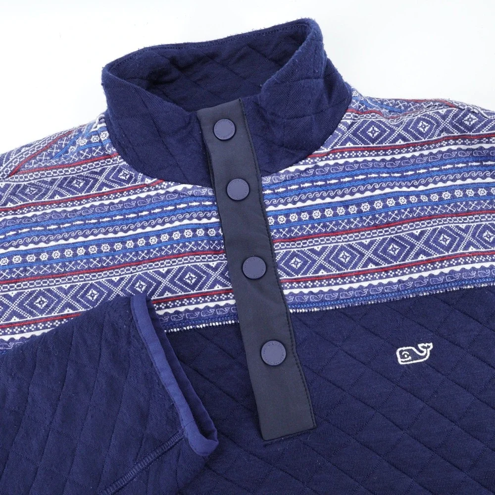 Vineyard Vines Mens Small Navy Blue Quilted Fair Isle Snap Neck Pullover Sweater